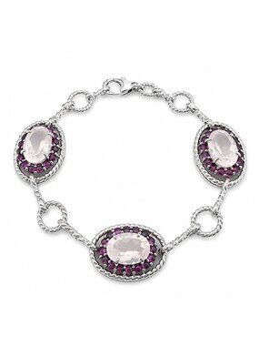 Genuine Rose Quartz & Amethyst Bracelet Solid .925 Silver